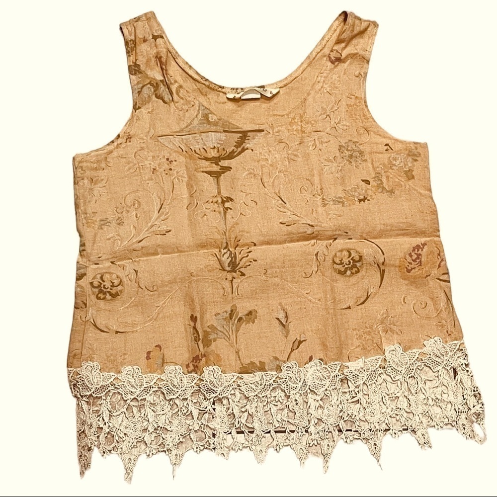 Vintage boutique LINEN Tea color rose print crop top with‎ lace 100% linen